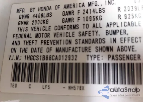 2012 Honda Accord 2.4 Ex-L z USA, uszkodzony, nr VIN 1HGCS1B88CA012932